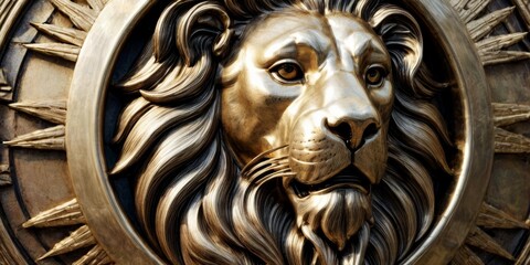   A lion's head close-up in a circular metal frame on a building's door