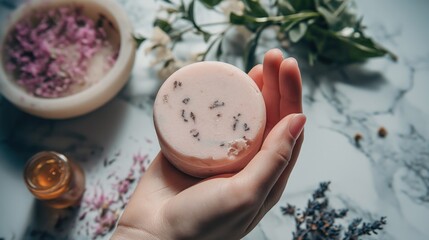 A hand holding a homemade pink soap or solid shampoo round bar with lavender flowers on it. Organic beauty product.