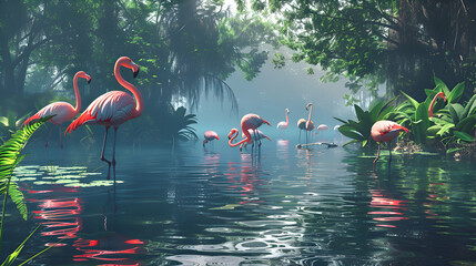 Elegant flamingos wading gracefully through tranquil marshland - obrazy, fototapety, plakaty