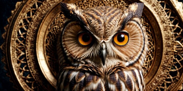   Close-up photo of owl face on plate with intricate pattern on back