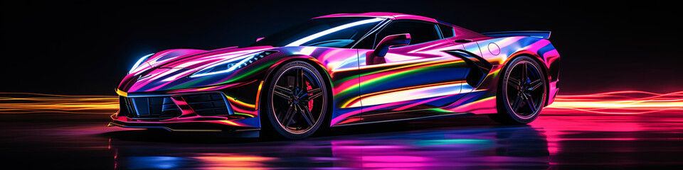 A colorful car is shown in a neon light. The car is a Corvette and is shown in a very bright and colorful way - obrazy, fototapety, plakaty