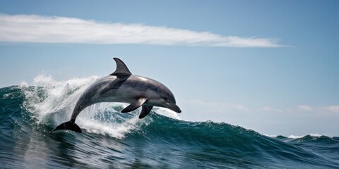   A dolphin leaps from the water, cresting a wave, its head exposed above the surface