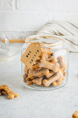 Homemade and healthy pumpkin dog bone cookies. Some on cooling rack with some on a plate. Top view