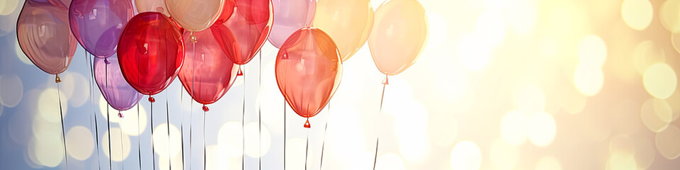A bunch of red and pink balloons are floating in the air. The balloons are scattered in different directions, creating a sense of movement and excitement. The image conveys a festive - obrazy, fototapety, plakaty