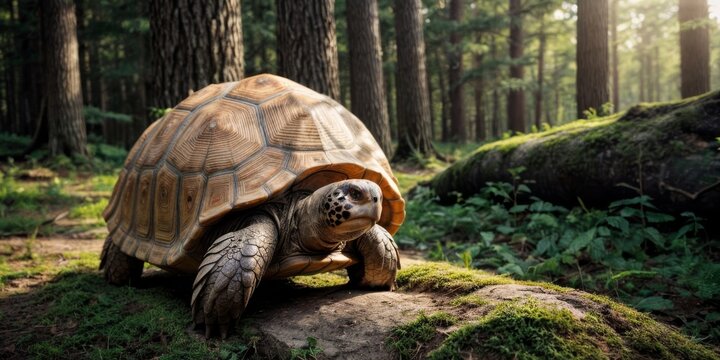   A close-up image of a tortoise perched on a rock amidst the dense foliage of a forest with towering trees in the background
