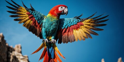 Fototapeta premium A colorful parrot opens its wings from atop a rocky cliff on a bright day, with a clear blue sky as backdrop