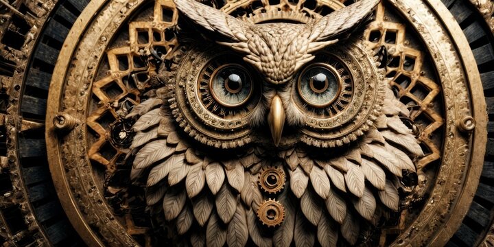   A detailed image of a clock with an owl on its face and a smaller clock inside