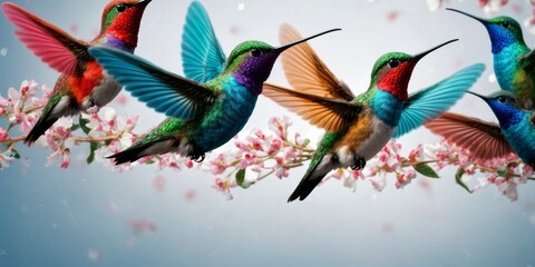 Obraz premium A cluster of vibrant hummingbirds perched atop a blossoming tree under the warm rays of sunlight