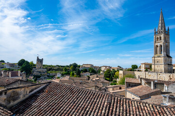 Views of old houses and streets of medieval town St. Emilion, production of red Bordeaux wine on...