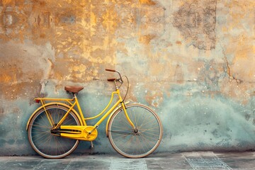a yellow bicycle leaning against a wall