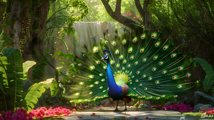 Exquisite peacock flaunting its vibrant plumage in a verdant garden - obrazy, fototapety, plakaty