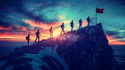 Summit Triumph: Teamwork at Sunrise - obrazy, fototapety, plakaty