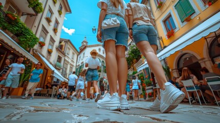 Urban city scene  crowd of people wearing shoes walking on street with cityscape background - obrazy, fototapety, plakaty