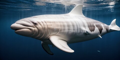 Fototapeta premium A close-up of a large white shark swimming in a body of water, illuminated by a light source shining on its face