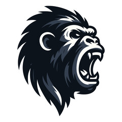 Wild angry gorilla head face design illustration, roaring strong big ape logo mascot, primate animal zoology element illustration, vector template isolated on white background