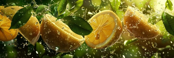 Banner, lemons lie beautifully on the surface of tea, leaves fly beautifully, beautiful splashes - obrazy, fototapety, plakaty