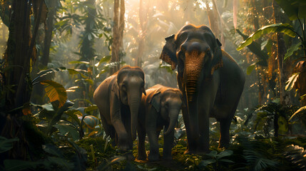 Fototapeta premium Family of elephants foraging in the dense jungle