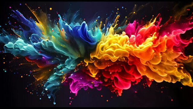 A vivid splash and movement of colorful paint mixture on black background, multicolored mix as chemicals reaction.