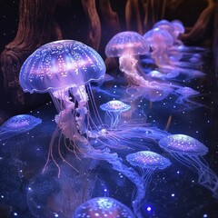 Cosmic Jellyfish on Deep Blue Velvet Floor, Subtle LED Underlighting, Ideal for Home Aquarium and Marine Product Displays