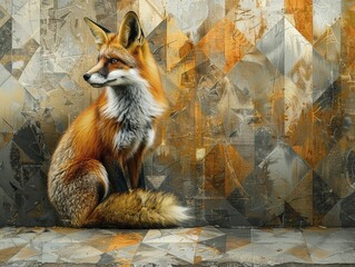 Fototapeta premium A contemporary fox elegantly posed on an abstract geometric floor under soft studio light, perfect for modern art prints and home decor.
