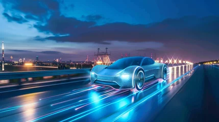 Poster Futuristic Car Driving on Highway at Night © Prostock-studio