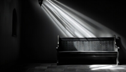 Black and white photo of a church pew bathed in ethereal light leaks.