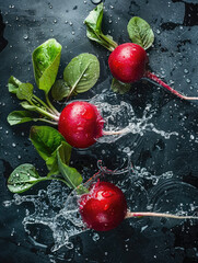 radish in water with green leaves on a black slate plate