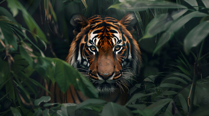 Fierce tiger prowling through dense foliage in the depths of the jungle - obrazy, fototapety, plakaty