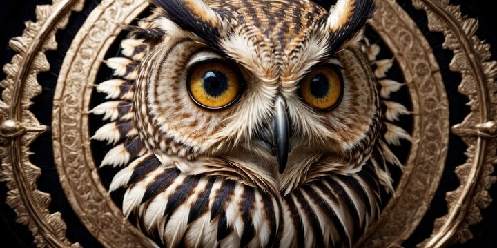   A detailed image of an owl's face adorned with a decorative element at the back