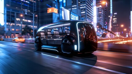 Fototapeta premium Futuristic Bus Driving Through City Street at Night