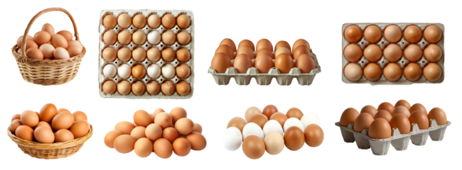 Collection Set of eggs in basket carton tray pile box cardboard container on transparent cutout, PNG file. Many different style. Mockup template for artwork design