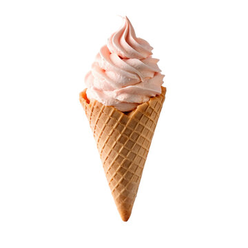 Pink soft ice cream in a waffle cone isolated on a transparent background.