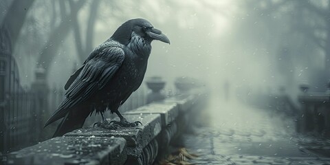 Fototapeta premium An eerie raven perched on ancient stones, enveloped by misty fog, creating an atmospheric setting for a gothic tale.