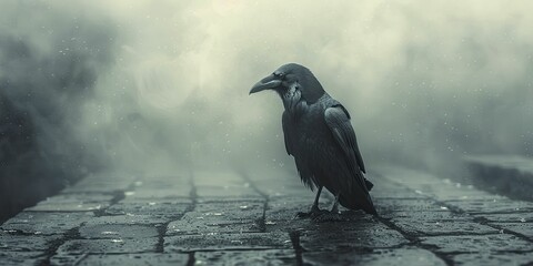 Fototapeta premium An eerie raven perched on ancient stones amid misty fog, setting the perfect stage for a haunting gothic tale.
