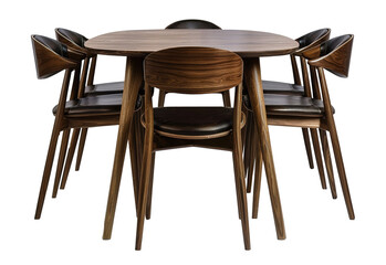 Mid-century modern dining set with dark wood table and chairs with leather upholstery, on transparent background, ideal for chic interiors. Cut out dining room furniture. Front view.