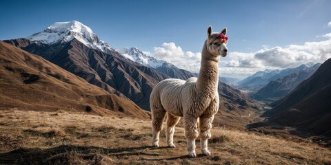   A llama stands atop a mountain peak, overlooking a lush valley below and towering mountains in the distance