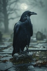 Fototapeta premium Haunted Raven on Misty Graveyard Floor, Spooky Moonlight, Ideal for Halloween Decor and Spooky Themed Product Displays