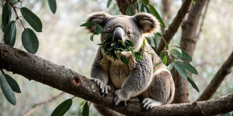  A koala on a tree branch with leaves in its mouth, chewing on a twig