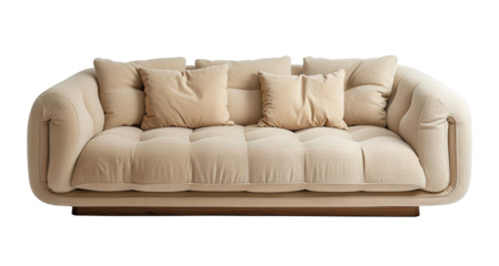 Front view of cozy, beige sofa with plush cushions, on transparent background. Cut out living room furniture. Contemporary, Scandinavian or Japandi style.