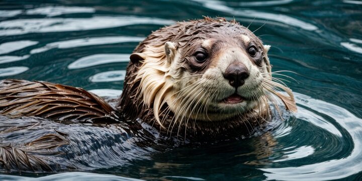   A close-up photo of a sea otter swimming on top of water Its head is visible above the surface