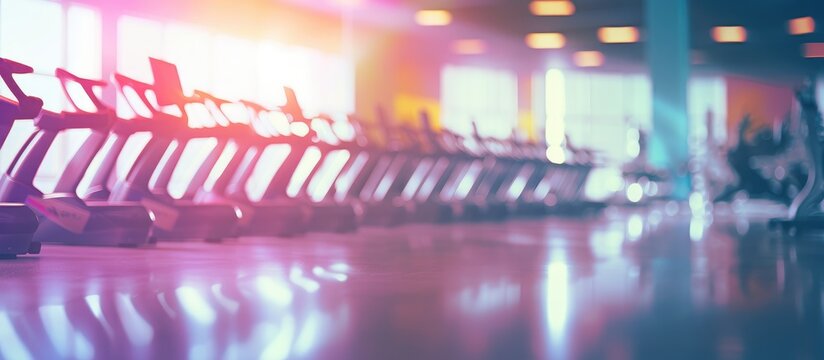 An entertainment event featuring a blurred image of a gym with a row of treadmills in violet lighting. Fun and fitness meet at this magentathemed venue