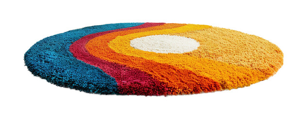 Modern, colorful round carpet, front view. Rug on transparent background. Cut out home decor. Contemporary style. Vibrant colors. Artistic design. - obrazy, fototapety, plakaty