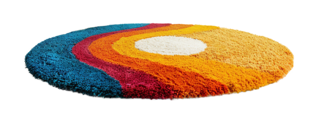 Modern, colorful round carpet, front view. Rug on transparent background. Cut out home decor. Contemporary style. Vibrant colors. Artistic design.