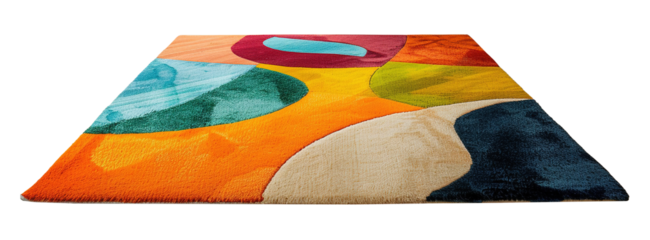 Modern, colorful rectangular carpet, front view. Rug on transparent background. Cut out home decor. Contemporary style. Vibrant colors. Artistic design.