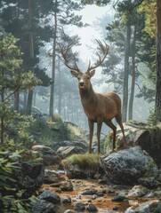 Naturalistic Deer in Forest Floor, Early Morning Mist, Ideal for Eco Friendly Outdoor Gear and Camping Product Displays