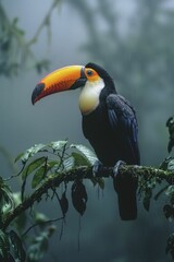 Fototapeta premium Rainforest Toucan on Tropical Tree Branch Floor, Misty Dawn Light, Ideal for Environmental Conservation and Eco Tourism Displays