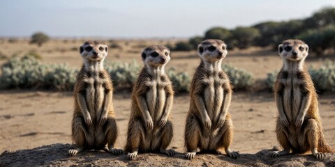   Three meerkats perched atop a dirt mound beside a verdant field of vegetation - obrazy, fototapety, plakaty