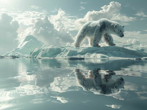 Polar Bear on Iceberg Floor, Arctic Sunlight Reflection, Ideal for Climate Change Awareness Campaigns and Eco Friendly Product Displays