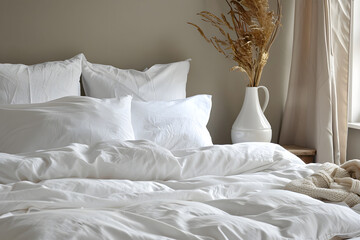 Modern Bed With White Sheets, Pillows, and Vase