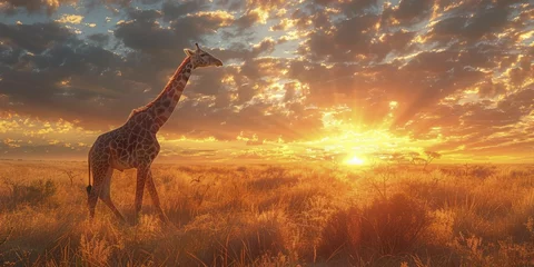 Foto op Aluminium Experience the majestic Safari Giraffe in golden hour light on the savanna floor - a captivating scene for travel agency promotions and safari gear displays. © Kanisorn